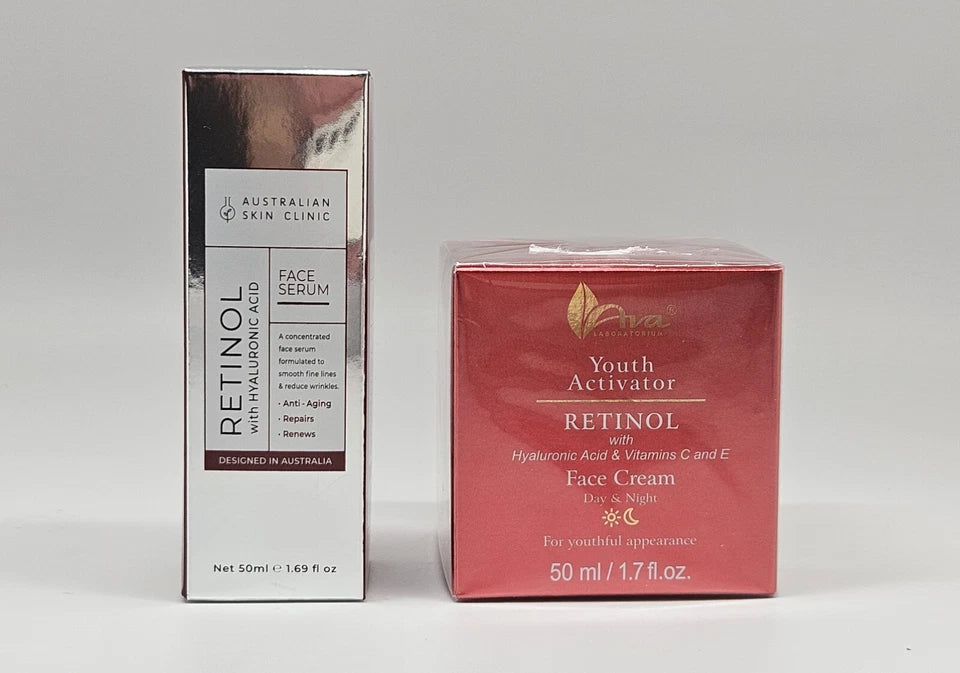 AVA Youth Activator Retinol Day & Night Cream Set (2 Pc) - with Hyaluronic Acid + Collagen Face Serum - New Sealed